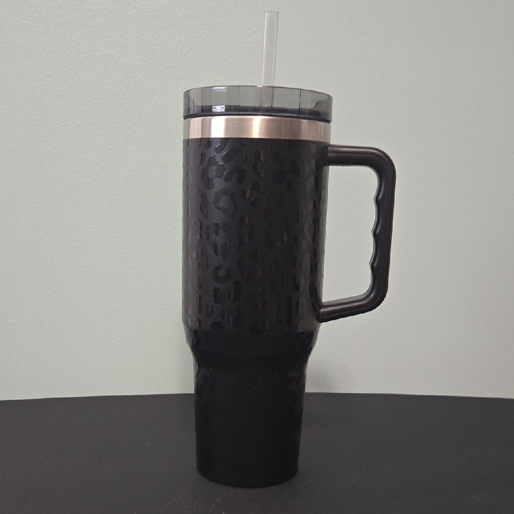 Black Leopard-Print Travel Mug with Handle and Straw